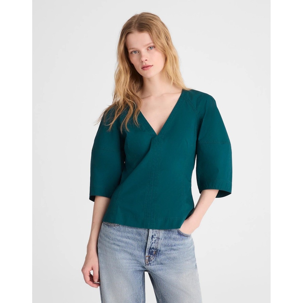 Madewell V-Neck Puff-Sleeve Top Deep Teal NZ52s 6 Cotton Poplin Blouse NWT $88
